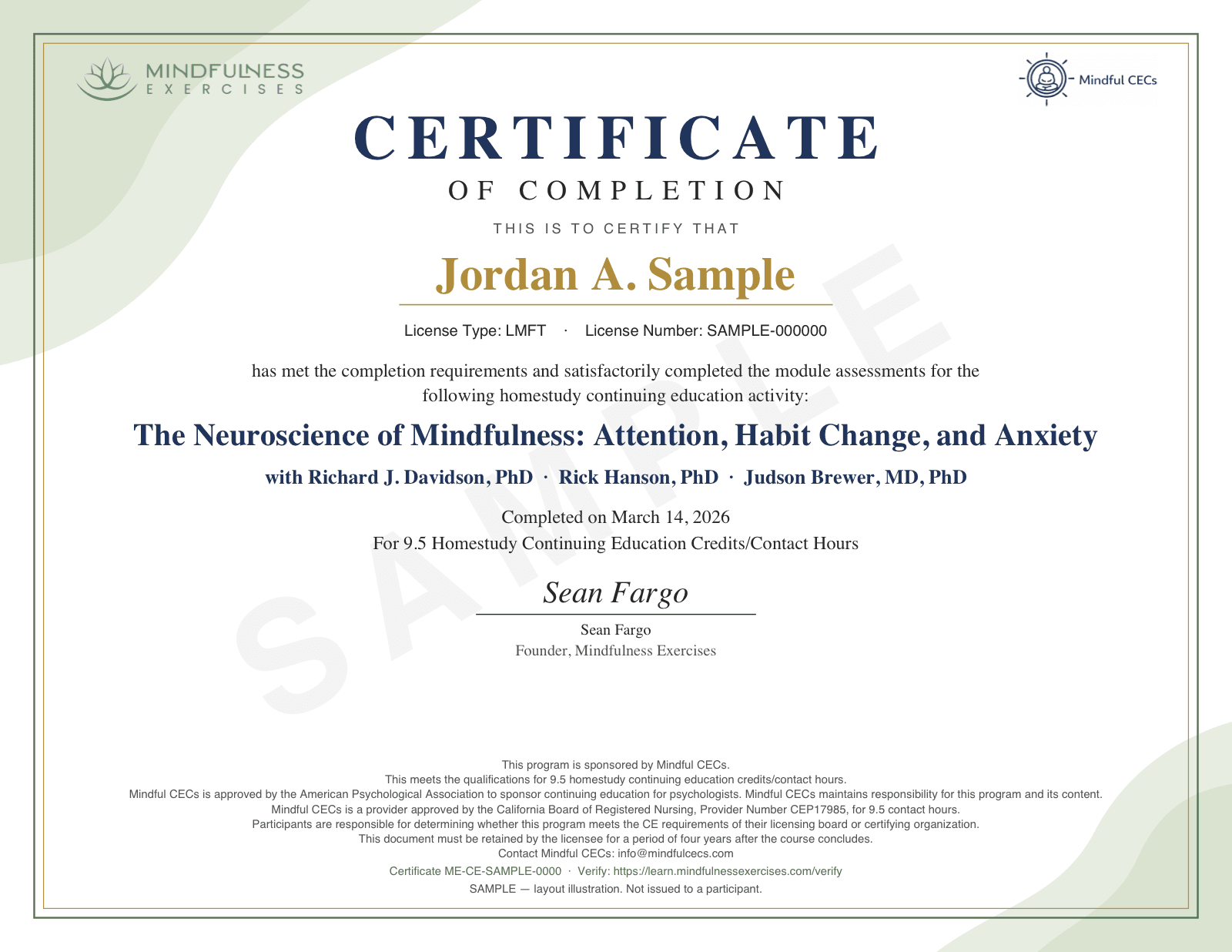 Sample certificate of completion, watermarked SAMPLE